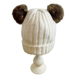 Cream Pom Pom Faux Fur Ears Beanie Hat